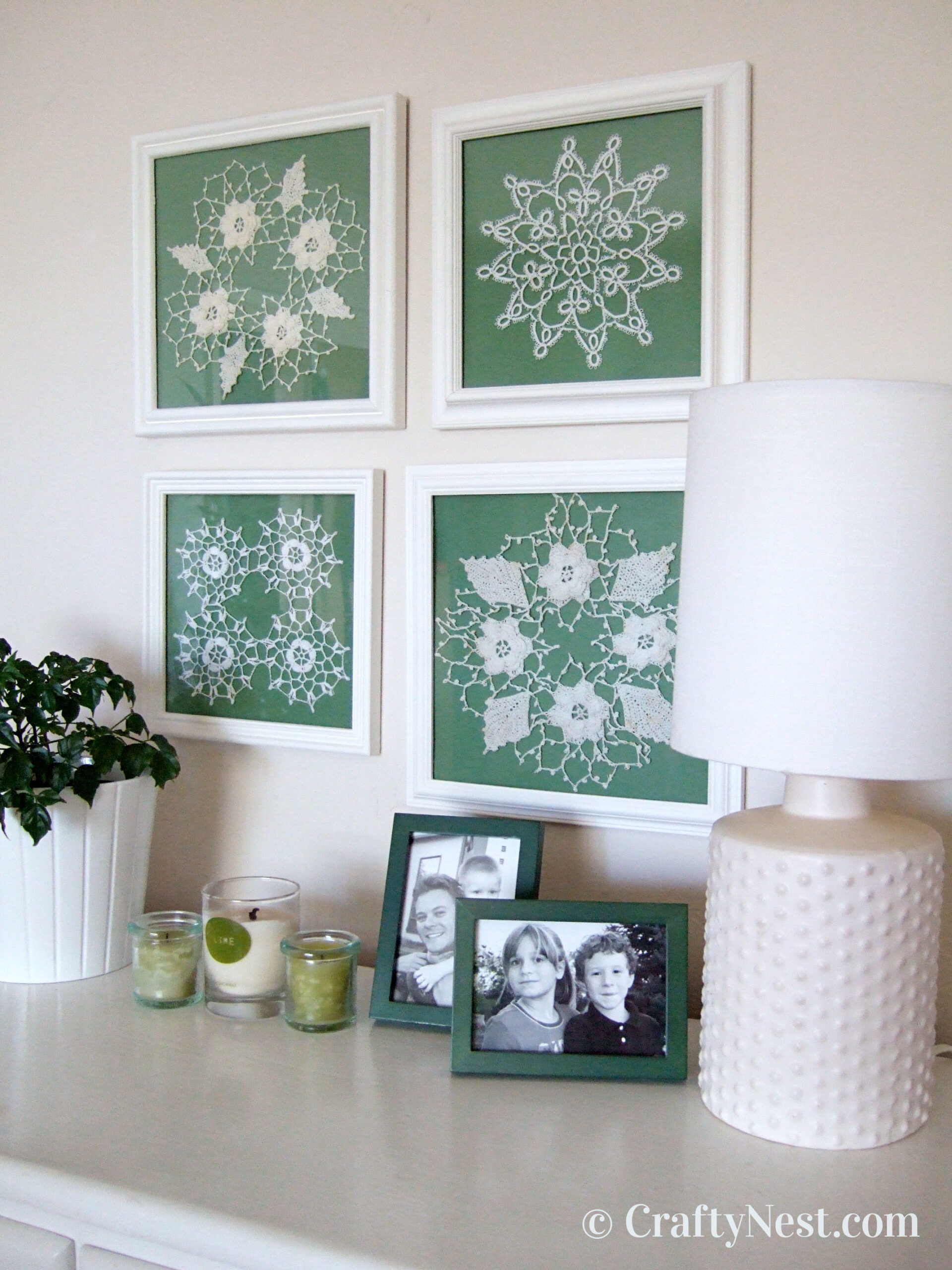 after-diy-framed-doilies-crafty-nest Tatted doilies in square white frames, photo