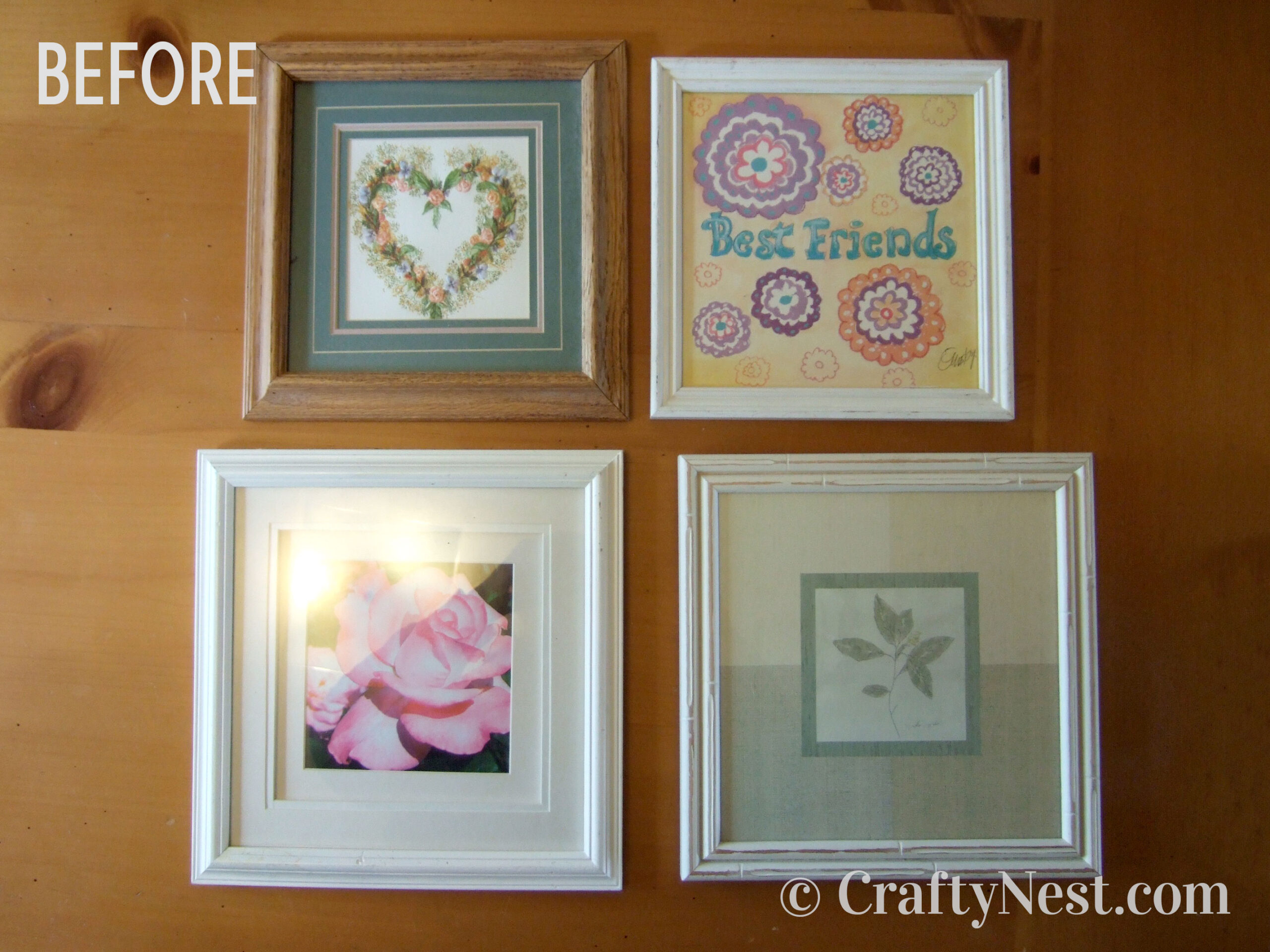 before-diy-framed-doilies-crafty-nest Mismatched thrift-store picture frames, photo