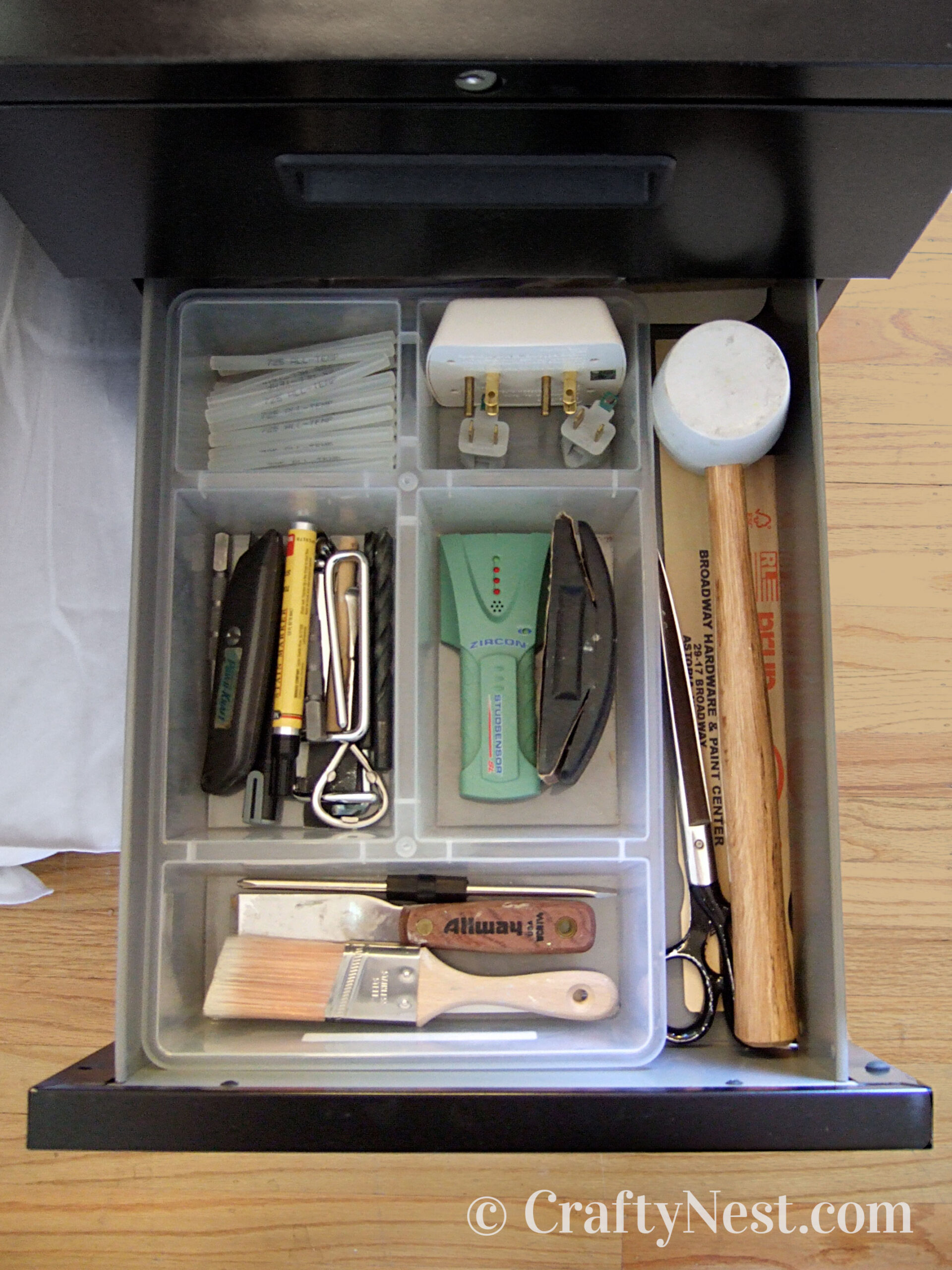 drawer-toolbox-end-tables-crafty-nest Onpen file cabinet drawer with tools organized inside, photo