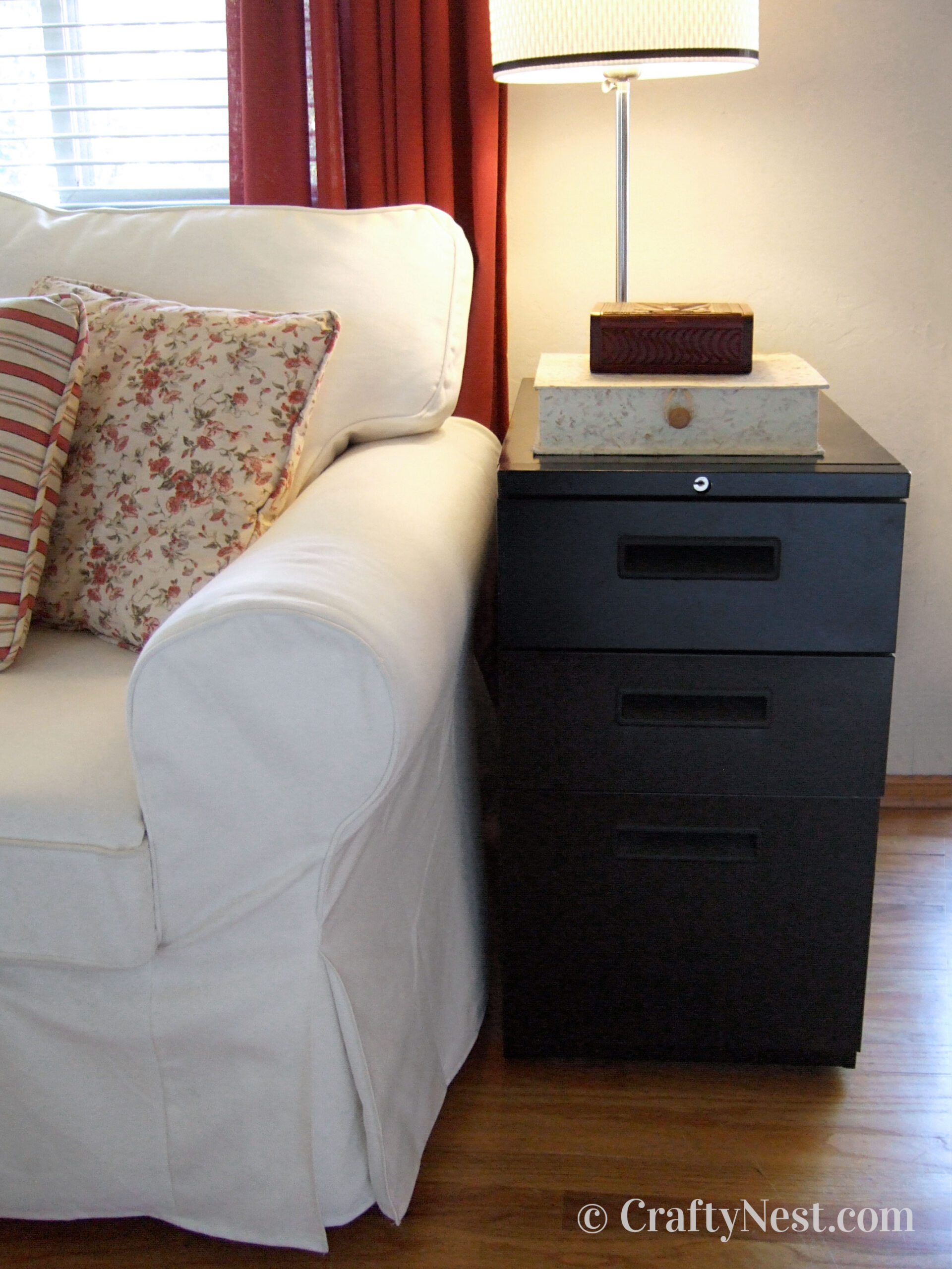 hero-toolbox-end-tables-crafty-nest Black file cabinet used as an end table, photo