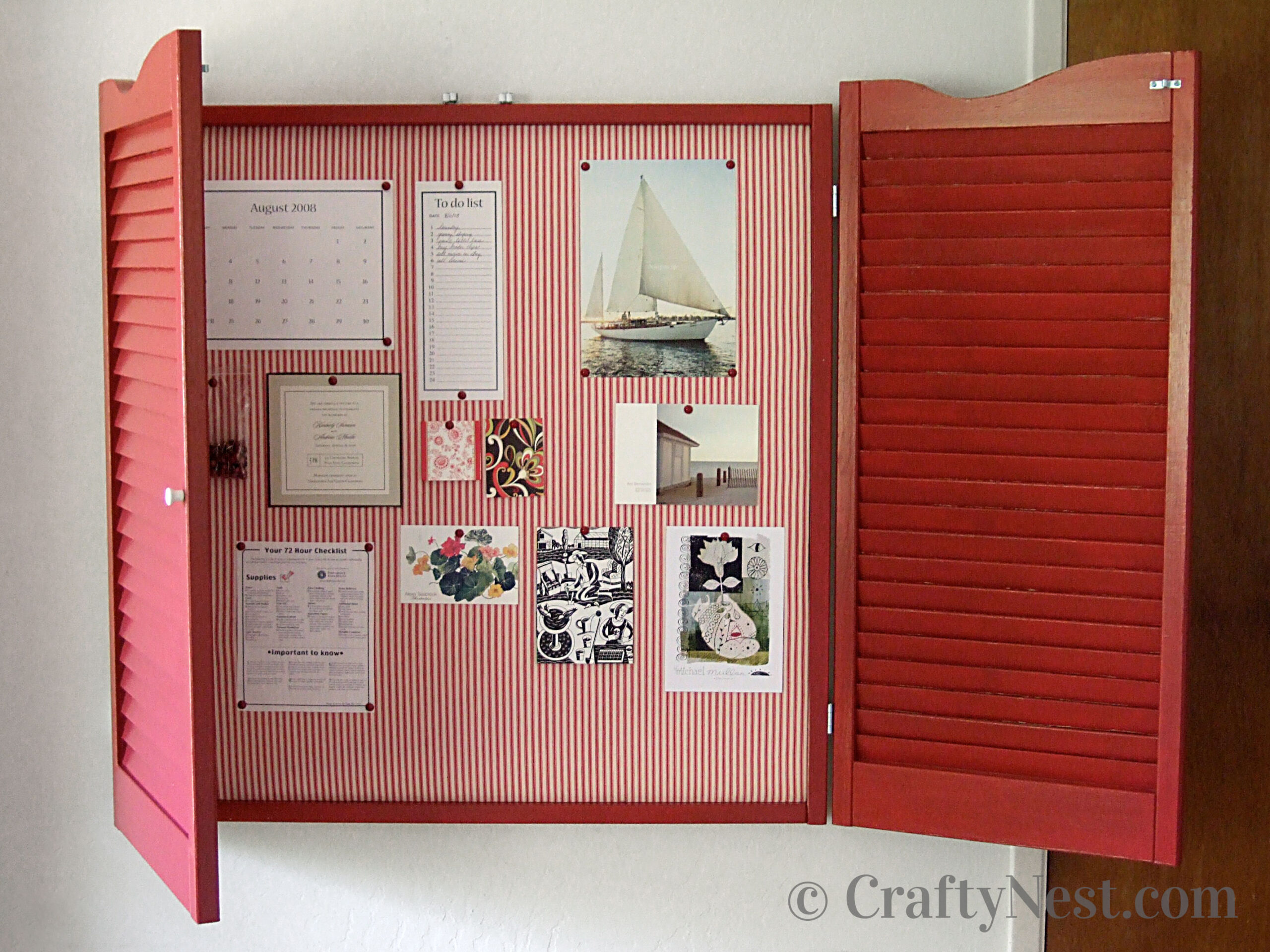 after-diy-bulletin-board-with-shutters-crafty-nest Fabric-covered bulletin board with shutters, photo