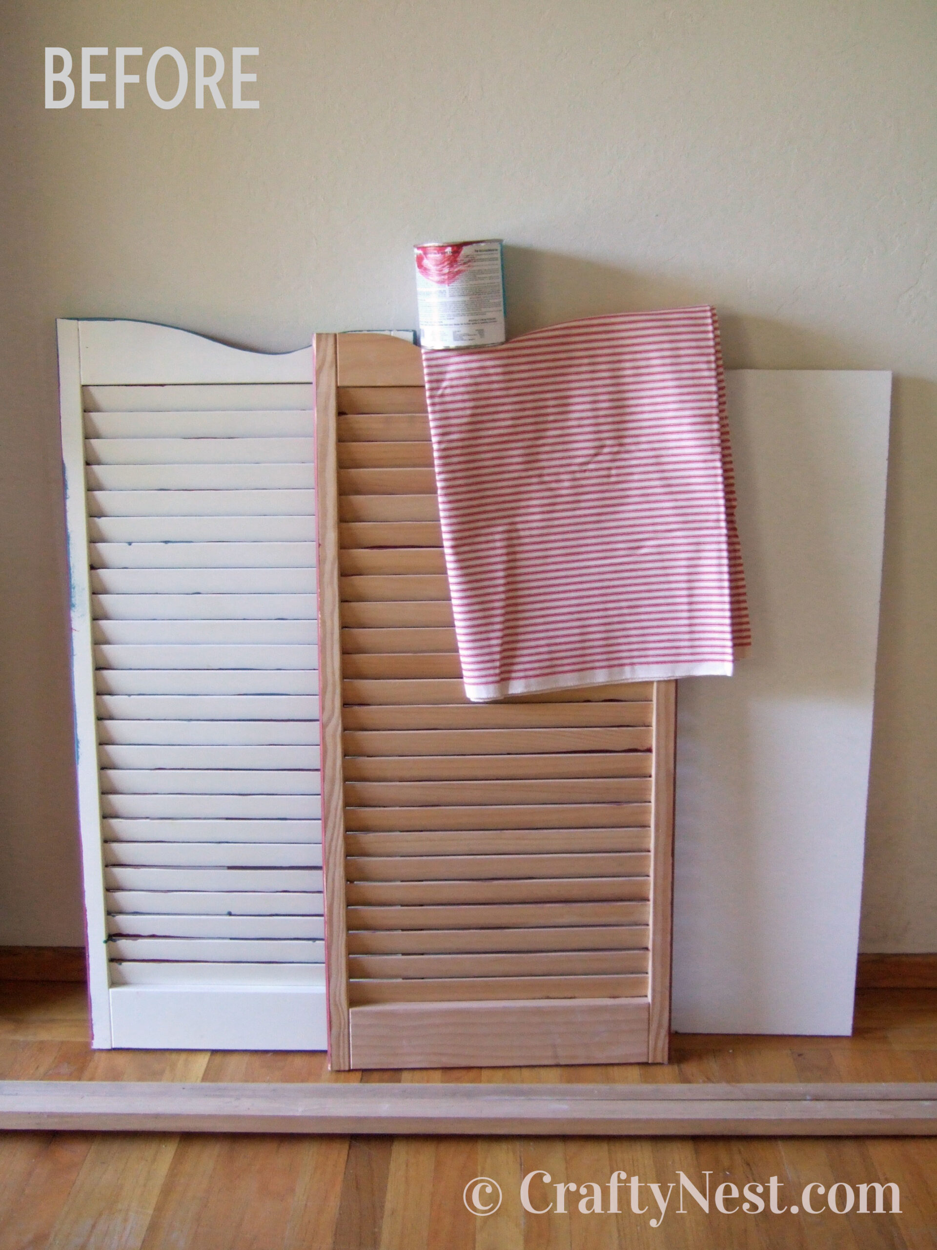 before-diy-bulletin-board-with-shutters-crafty-nest Shutters and supplies to make the bulletin board, photo