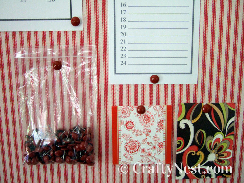 pins-diy-bulletin-board-with-shutters-crafty-nest Red upholstery tacks used as thumbtacks, photo