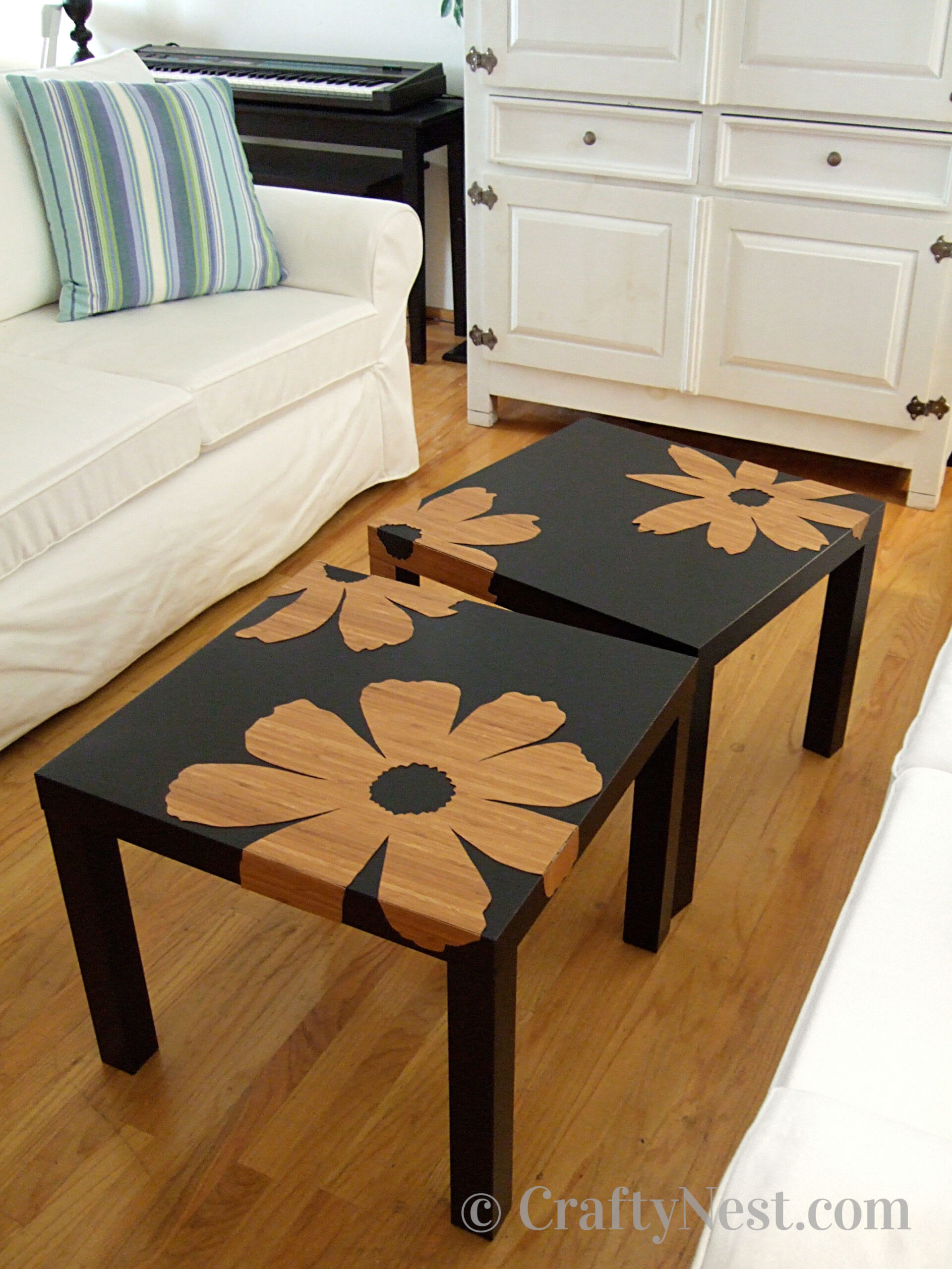 hero2-bamboo-veneer-ikea-lack-tables-crafty-nest Ikea tables with bamboo-flower overlays, photo