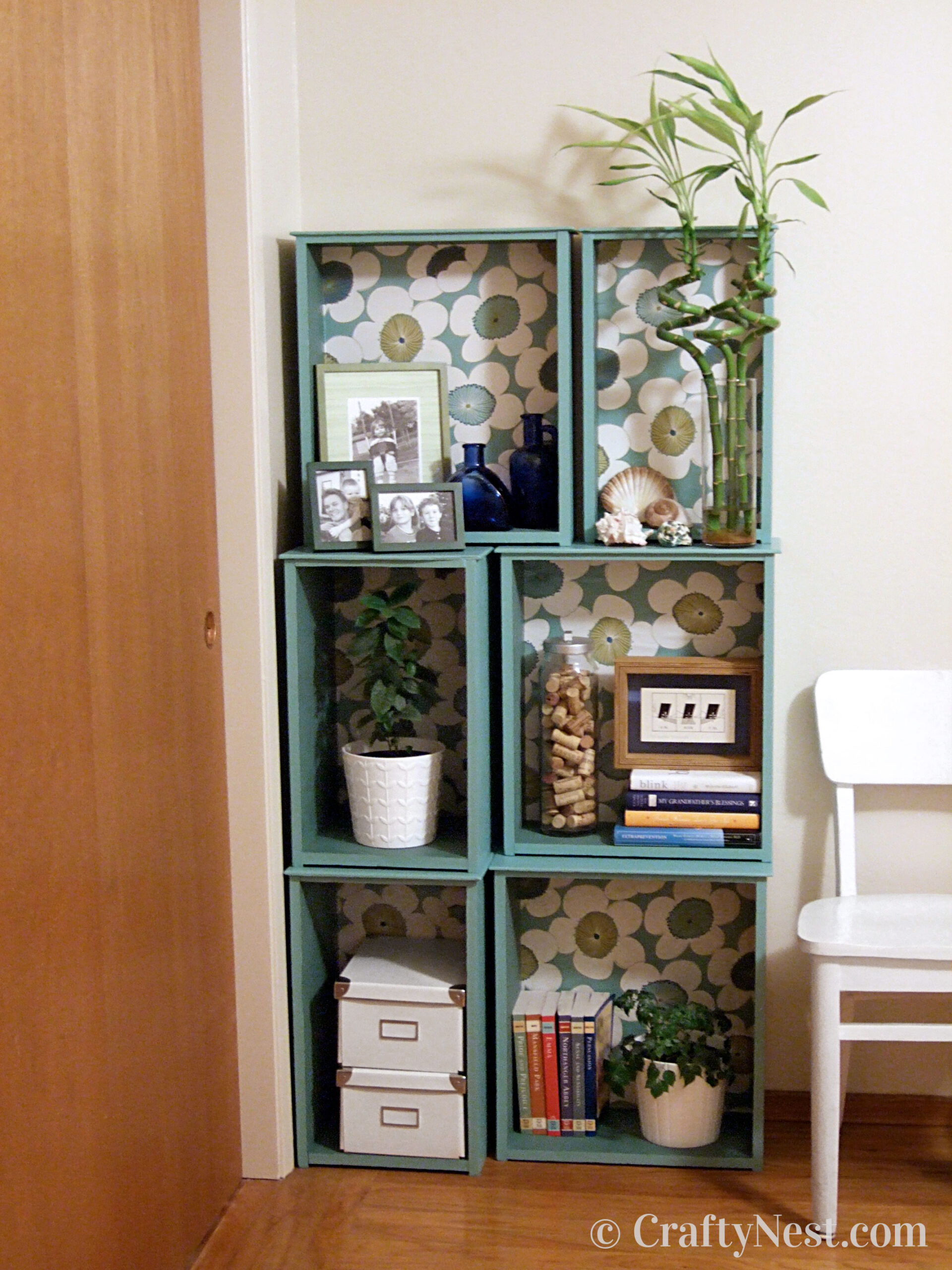 after-diy-salvaged-drawers-modular-bookcase-crafty-nest Drawers made into a bookcase, photo