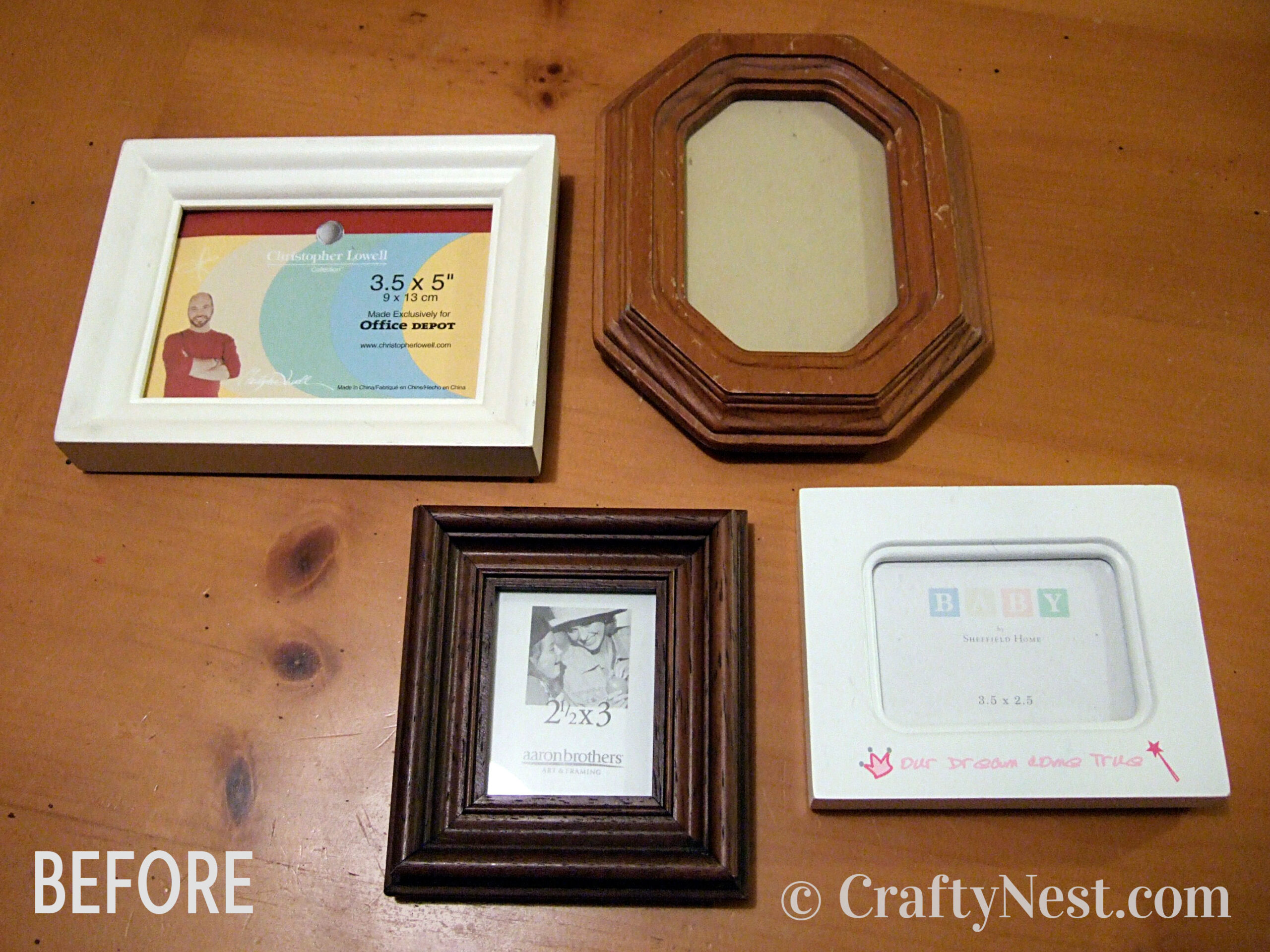 before-diy-magnetic-picture-frames-crafty-nest Mismatched picture frames before, photo