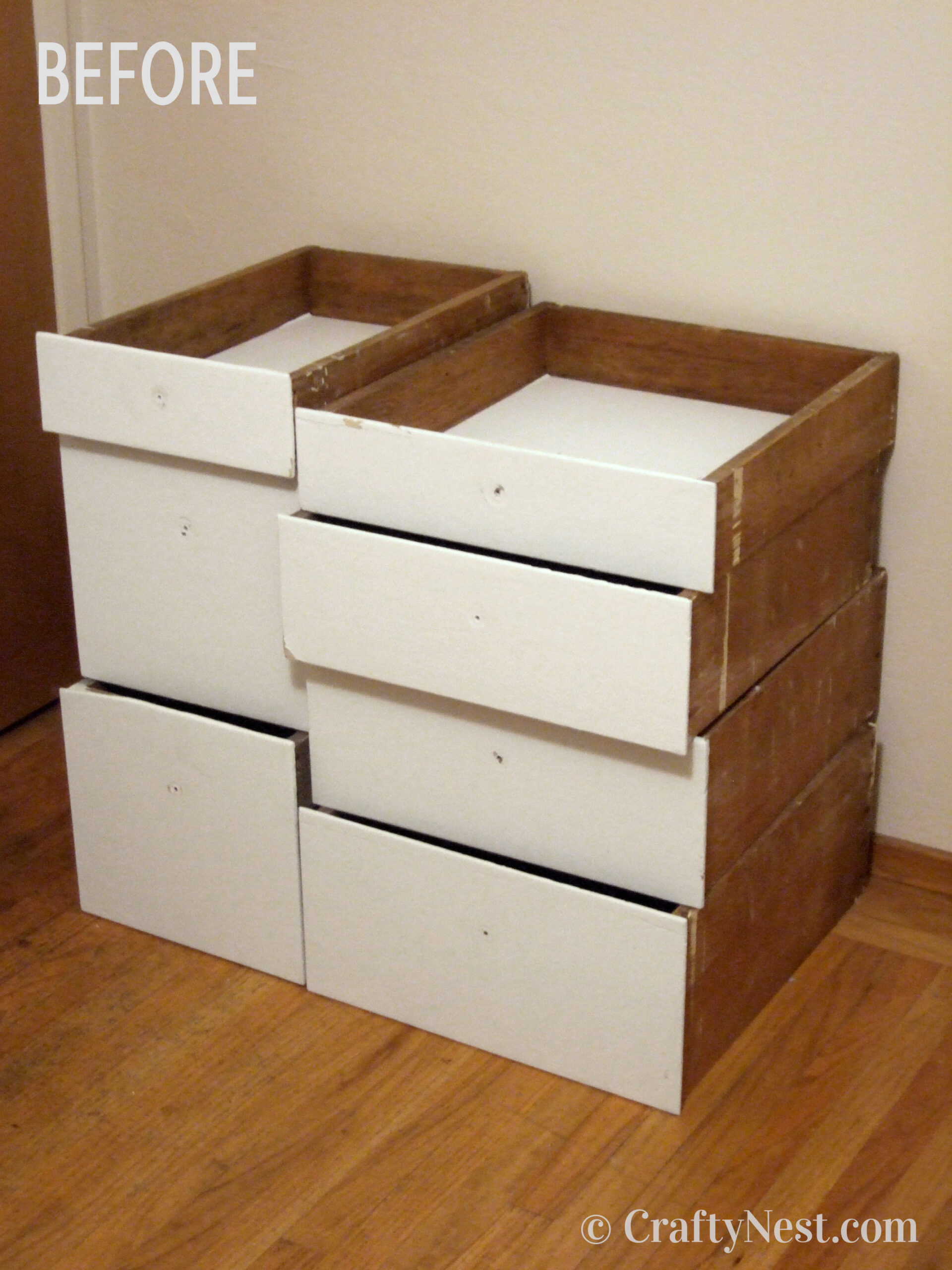 before-diy-salvaged-drawers-modular-bookcase-crafty-nest Salvaged drawers, before photo