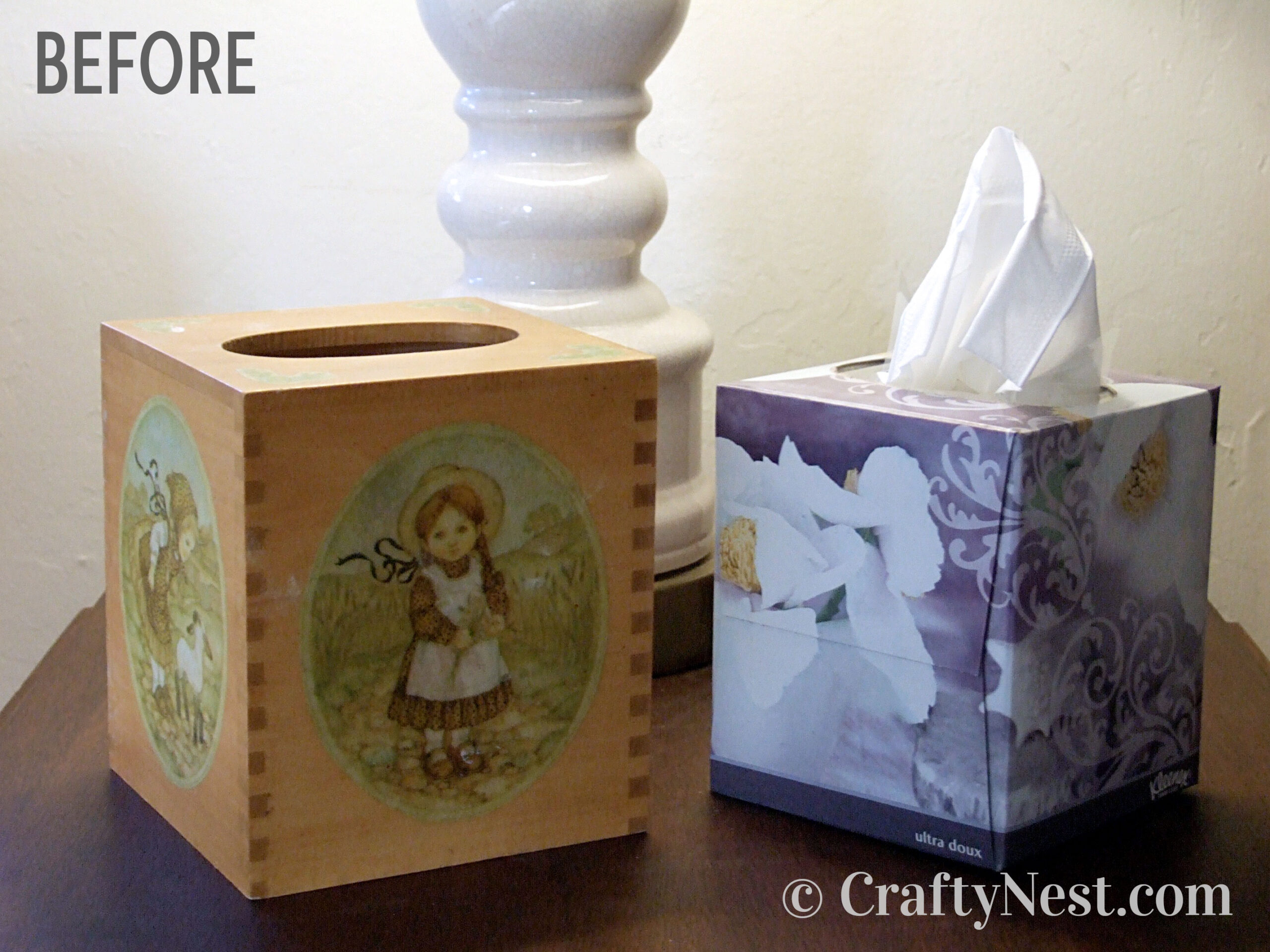 before-diy-tissue-box-cover-crafty-nest A decoupaged wooden tissue box holder, photo