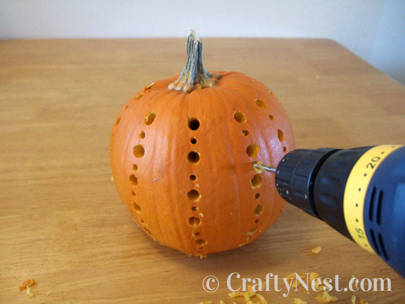 drilling-medium-diy-pumpkins-carved-with-a-drill-crafty-nest Drilling a vertical pattern in the large pumpkin, photo