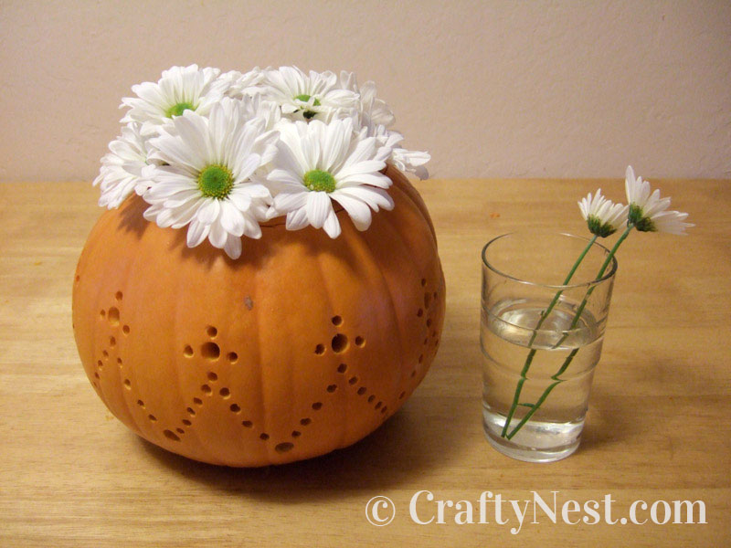 flowers-on-top-diy-pumpkins-carved-with-a-drill-crafty-nest Blossoms inserted in the holes, photo