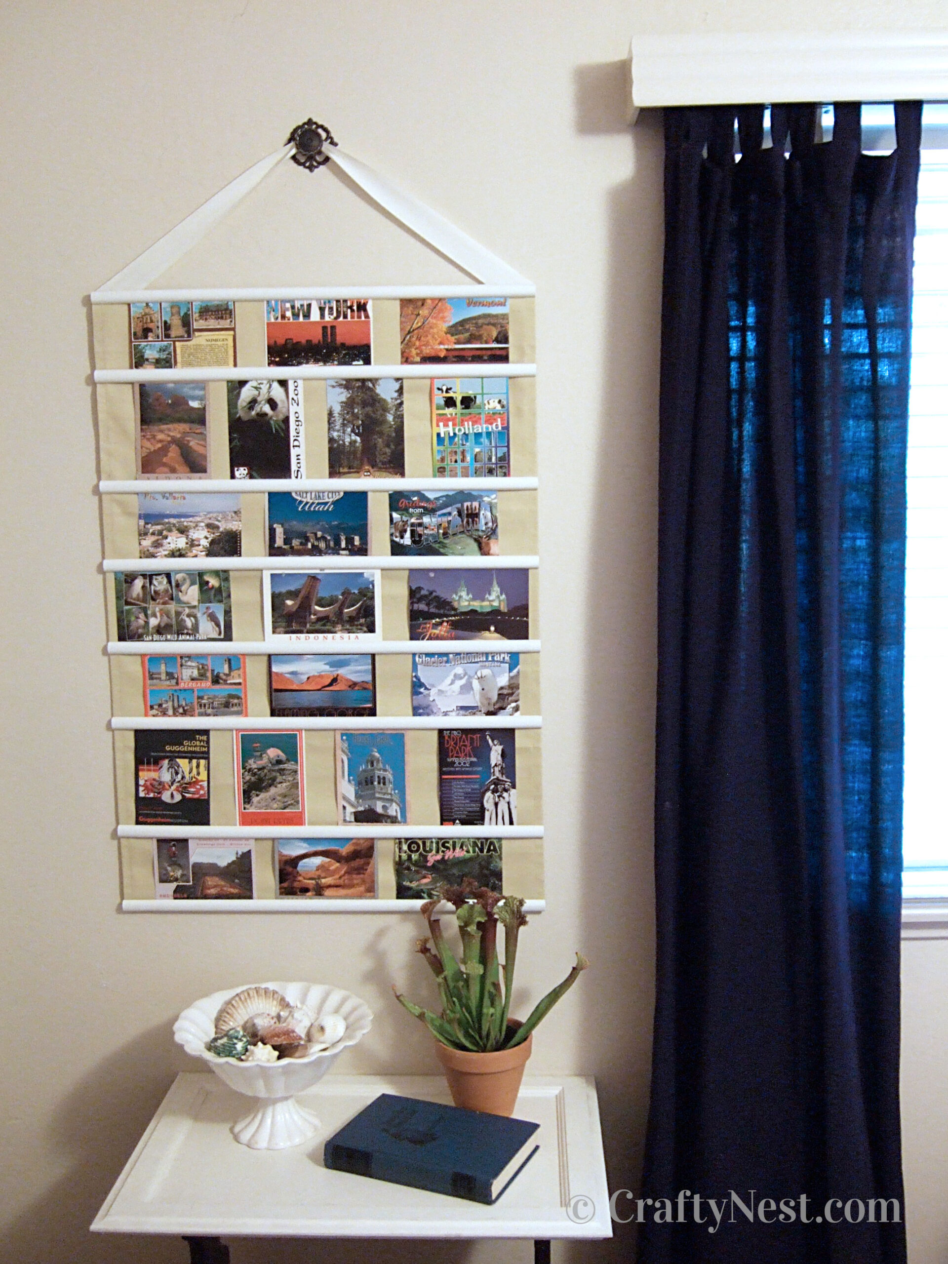 hero-diy-postcard-collage-crafty-nest Postcards on a hanging fabric frame, photo