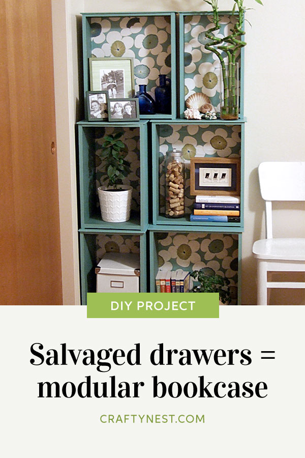 pinterest-diy-salvaged-drawers-modular-bookcase-crafty-nest Crafty Nest salvaged drawers modular bookcase Pinterest image