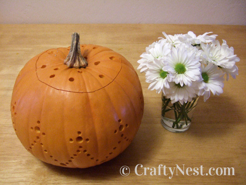 top-holes-diy-pumpkins-carved-with-a-drill-crafty-nest Holes in the lid for each blossom, photo