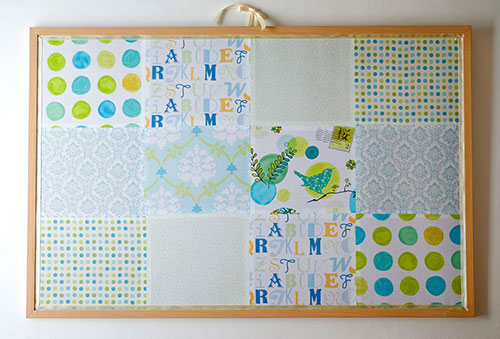 Claras-diy-salvaged-patchwork-bulletin-board-crafty-nest Clara's fabric-covered bulletin board, photo