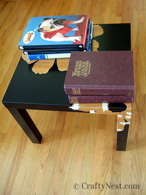 DSCF3877-bamboo-veneer-ikea-lack-tables-crafty-nest Weigh down glued pieces with books, photo
