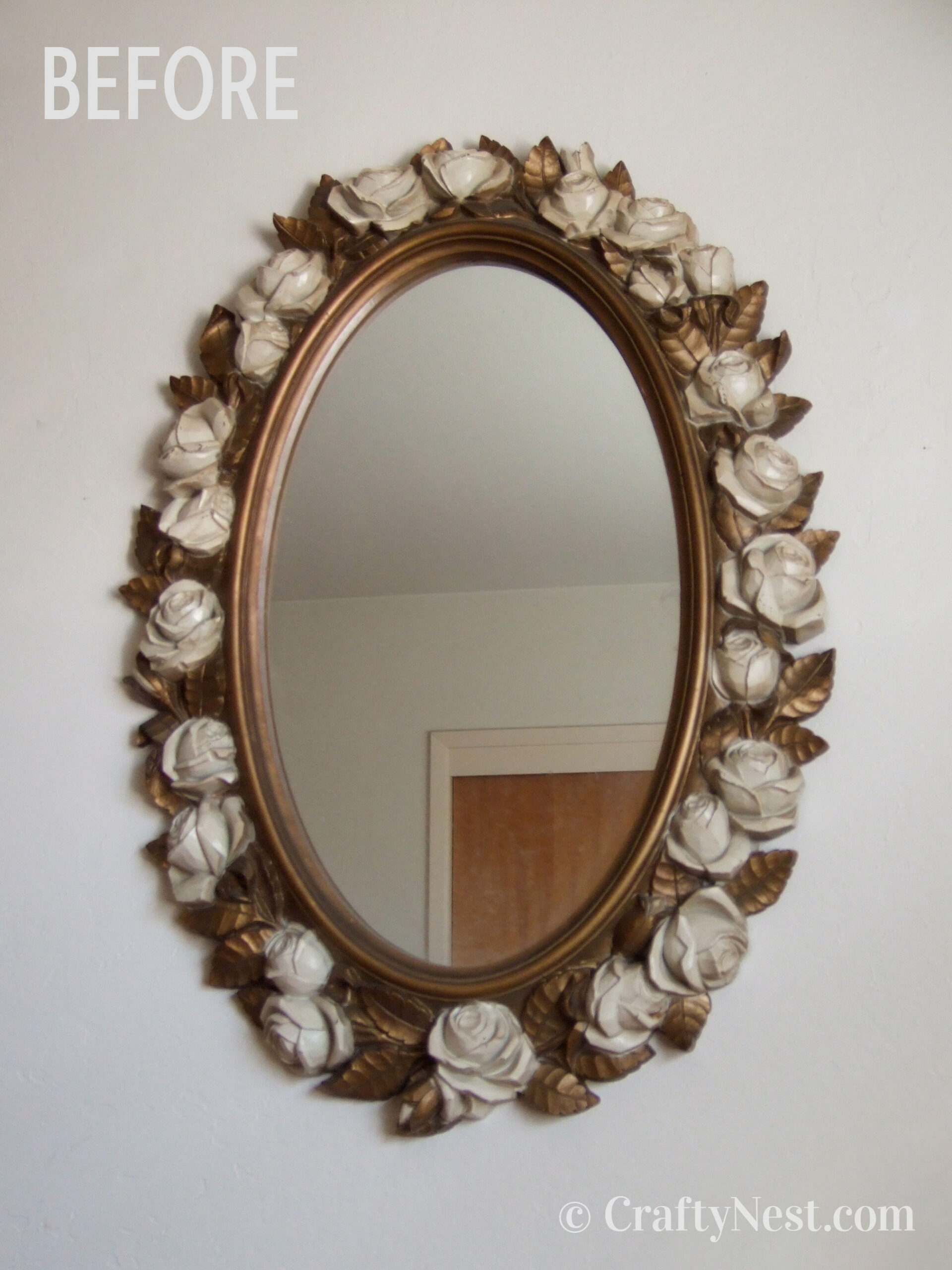 before-ugly-plastic-mirror-cork-board-crafty-nest The thrift store plastic mirror, photo