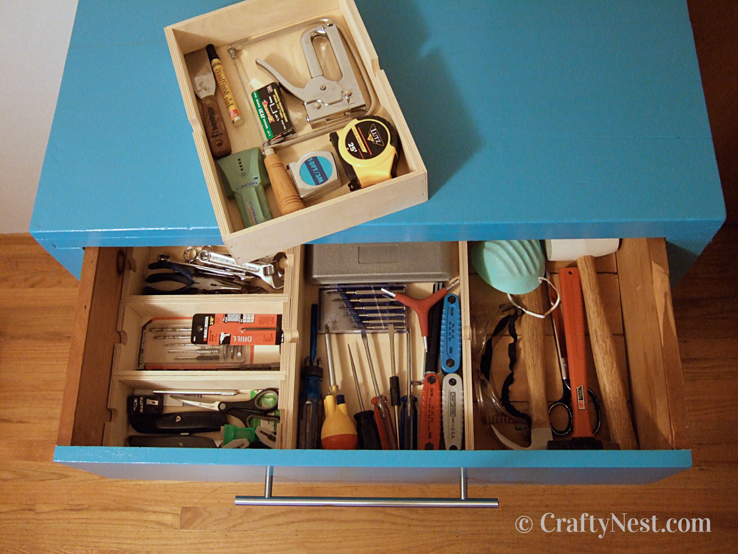drawer-old-dresser-rolling-toolbox-crafty-nest Open drawer with tools organized inside, photo