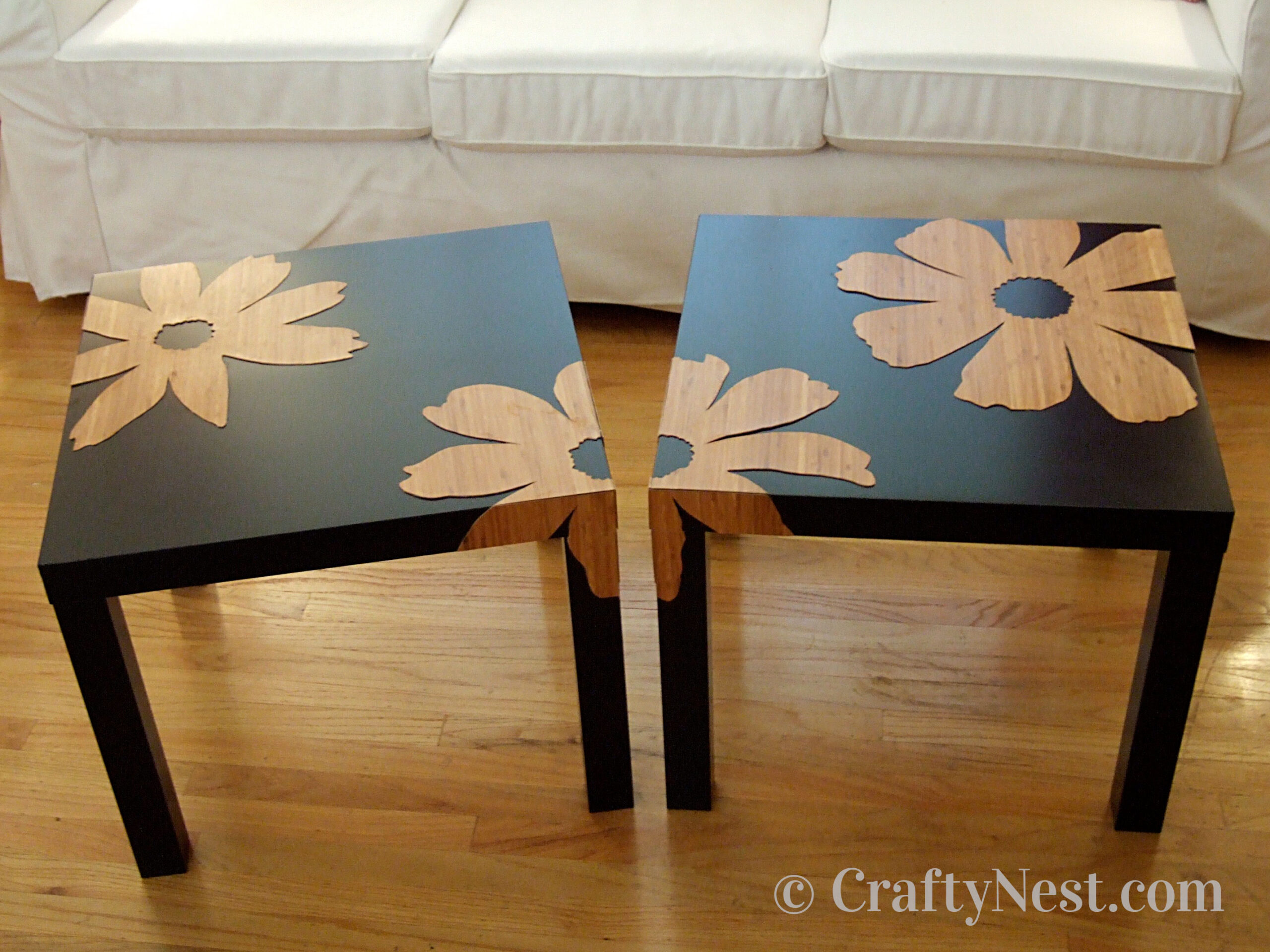 feature-bamboo-veneer-ikea-lack-tables-crafty-nest Ikea tables with bamboo-flower overlays, photo