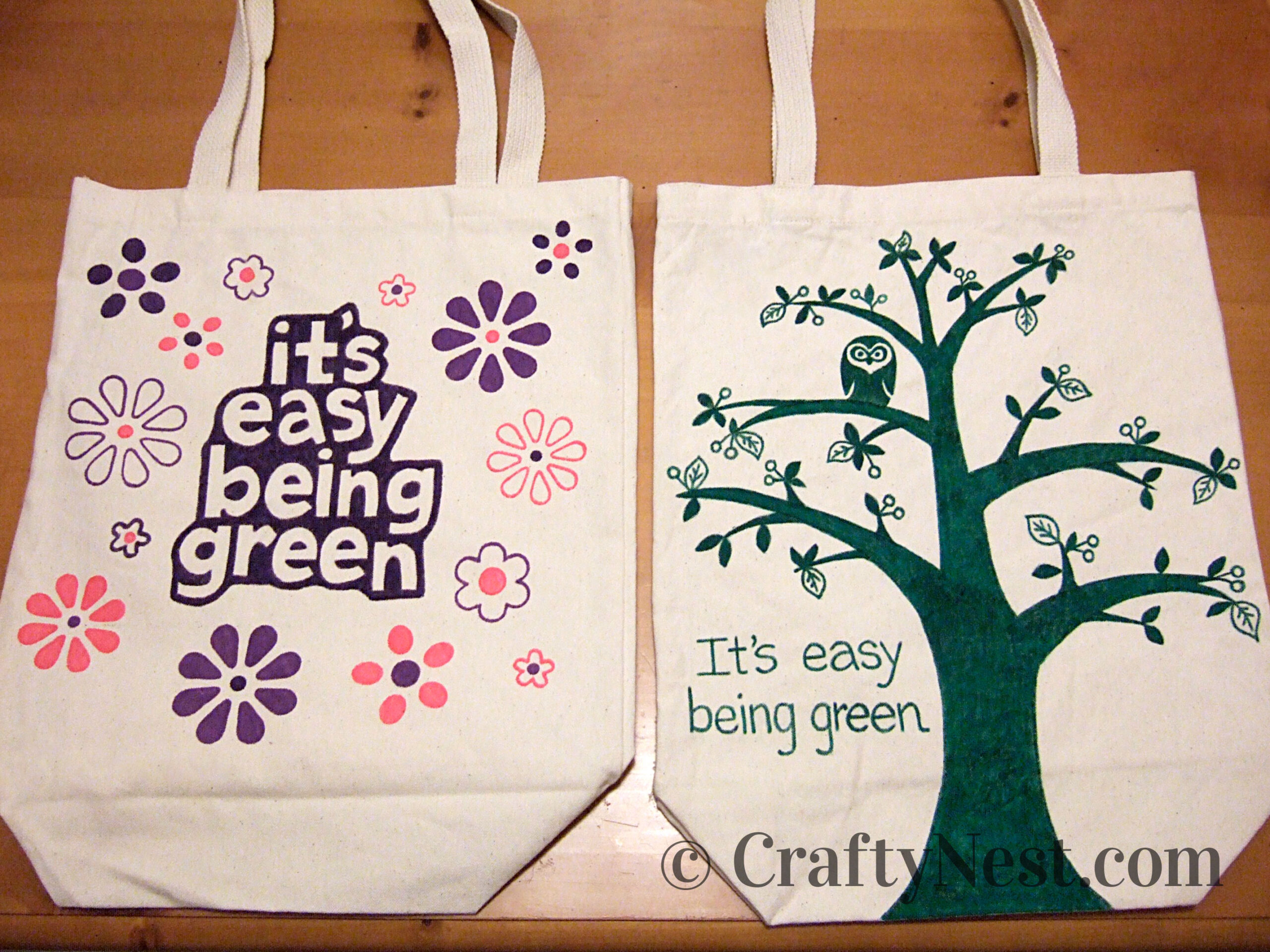 green-owl-decorated-canvas-totes-crafty-nest Canvas tote bags decorated with "It's Easy Being Green" designs, photo