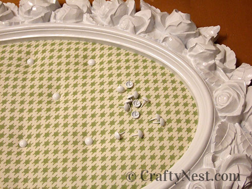 tacks-ugly-plastic-mirror-cork-board-crafty-nest Use white furniture tacks for thumbtacks, photo