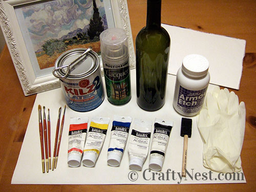 DSCF4197-van-gogh-wine-bottle-crafty-nest Supplies for painting a Van Gogh on a wine bottle, photo