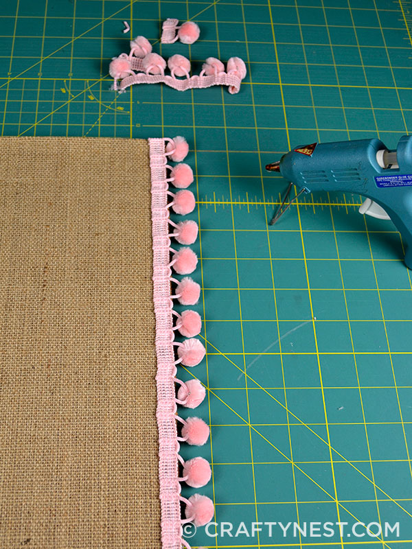 DSC_0133-carpet-sample-craft-easter-placemats-crafty-nest Hot glue pom pom fringe to carpet, photo