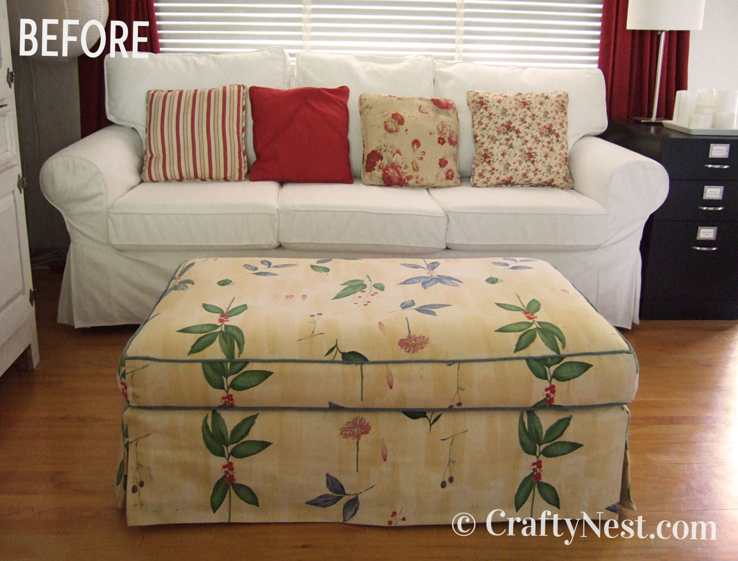 before-reupholster-an-ottoman-crafty-nest Old, flowered ottoman, before photo