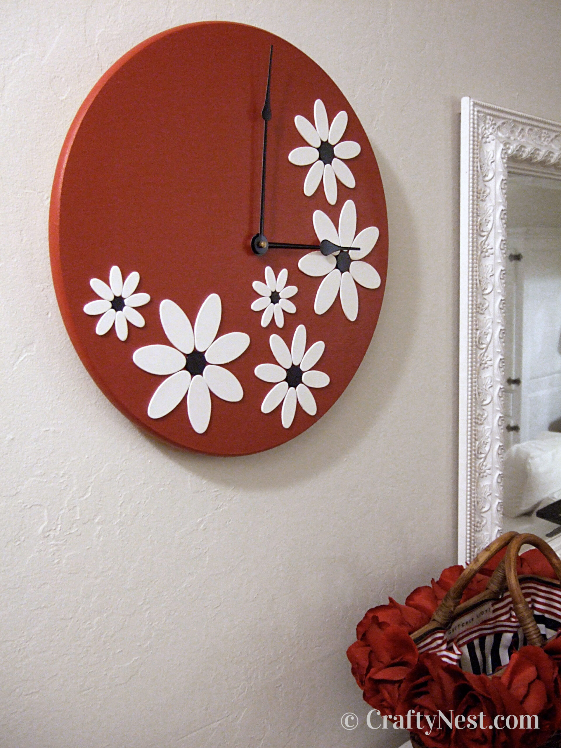 hero2-lazy-susan-two-wooden-clocks-crafty-nest Big red clock with white flowers, photo