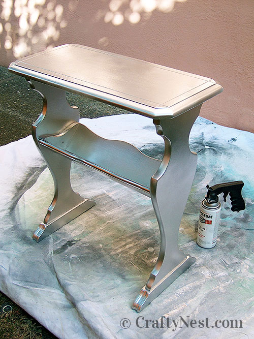 DSCF4777-silver-stenciled-library-side-table-crafty-nest Spray on silver paint, photo