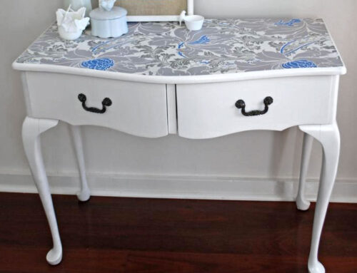 Abby’s DIY wallpapered dressing table