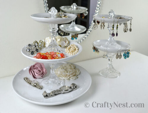 Plates + candlesticks + knobs = DIY tiered jewelry trays