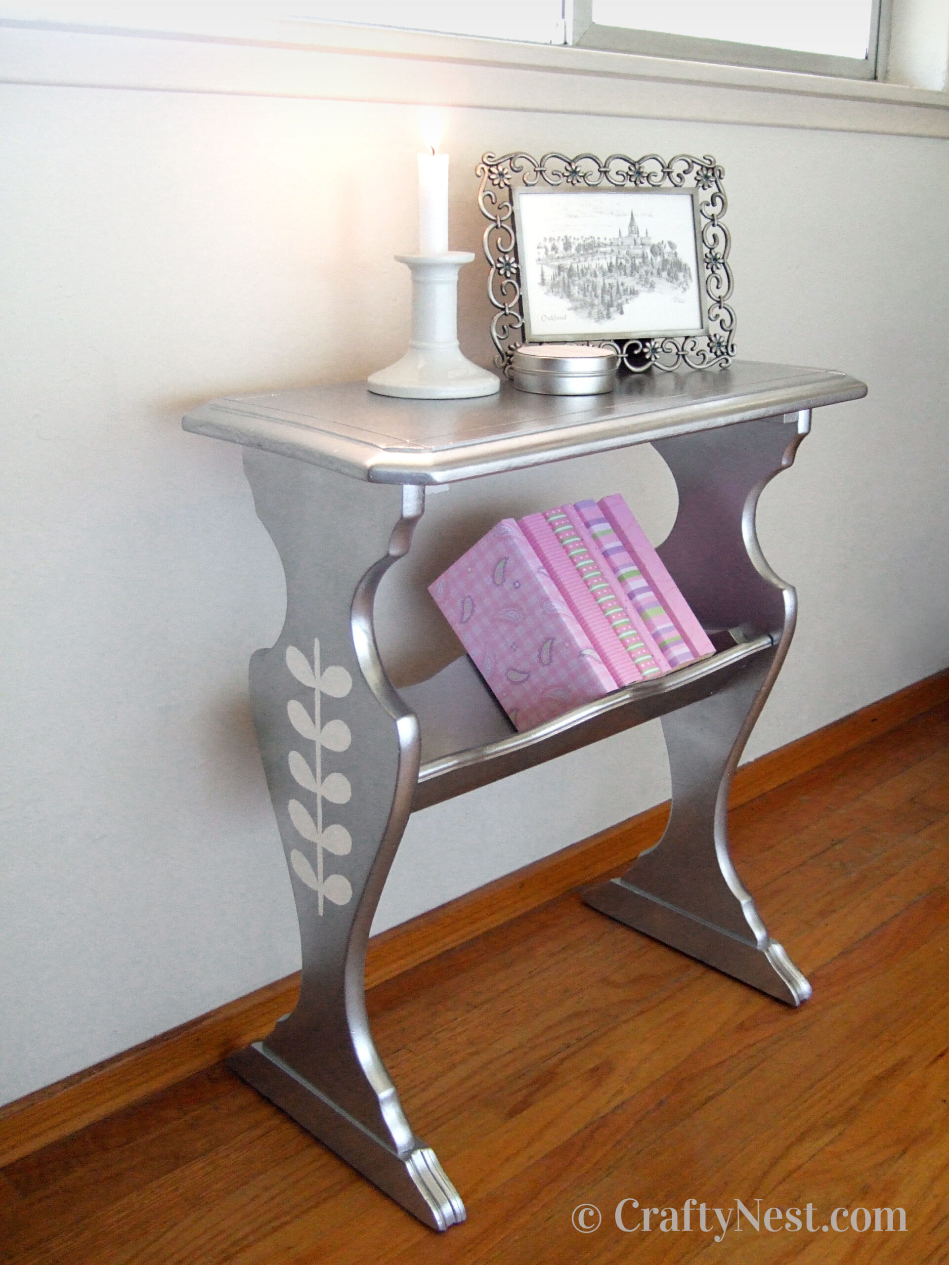 hero2-silver-stenciled-library-side-table-crafty-nest Small silver painted library table, photo